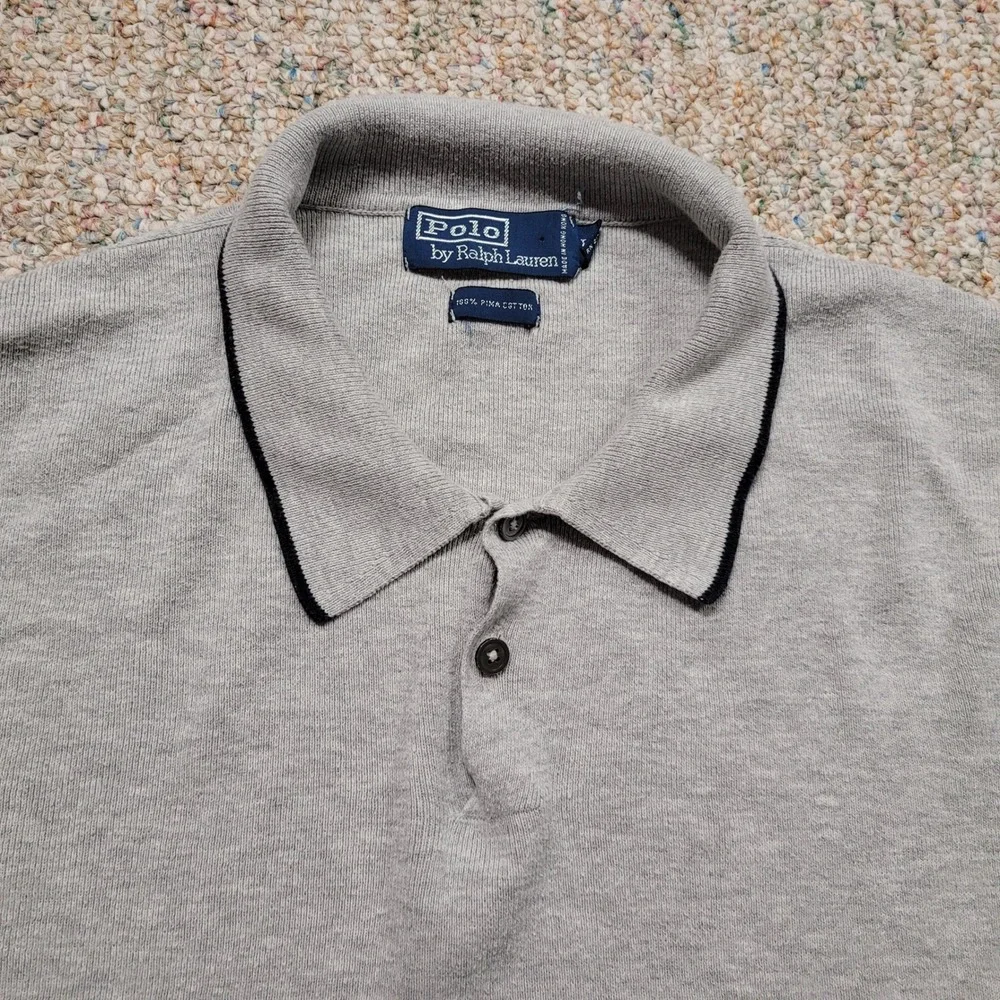 Polo Ralph Lauren Knit Polo Shirt Men Large Gray Pima Cotton Long Sleeve Vintage